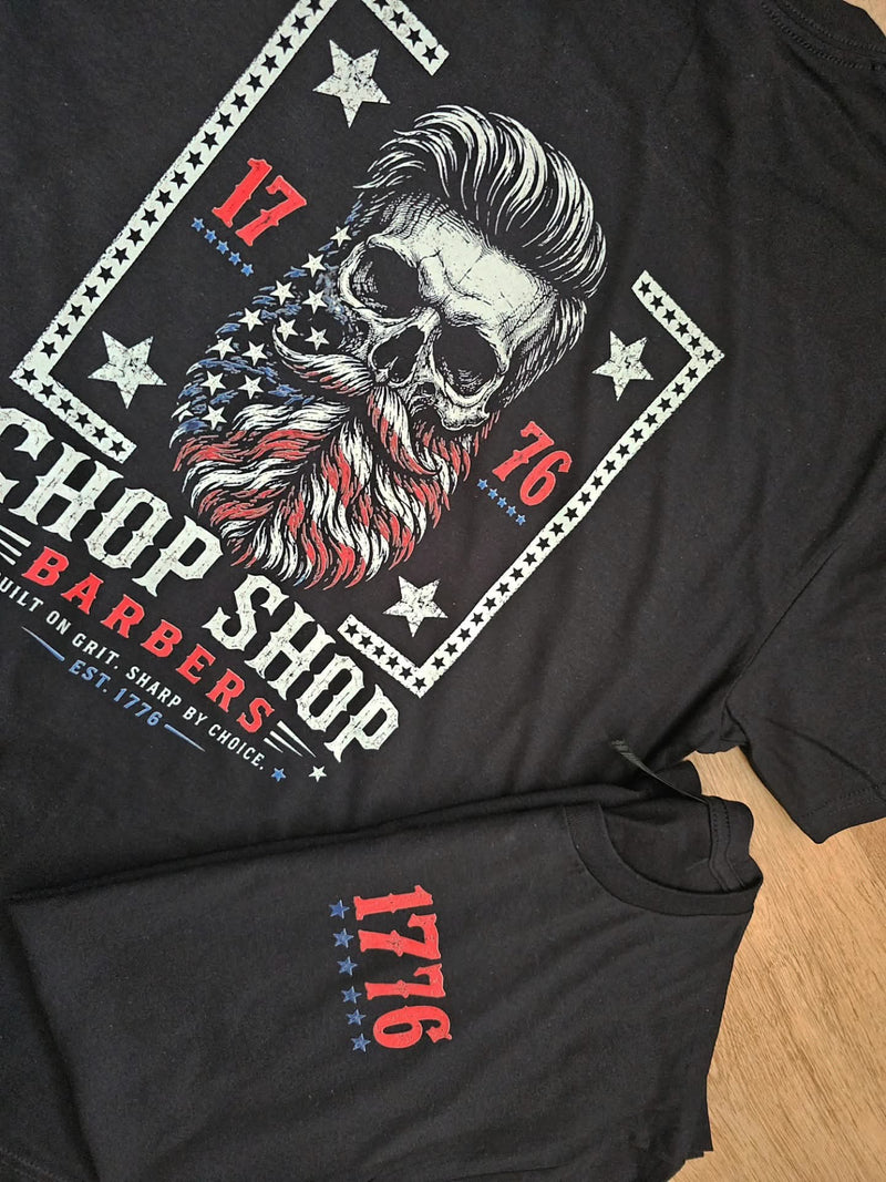 Black 100% cotton t-shirt with custom design for hop Shop and 4th of july themed